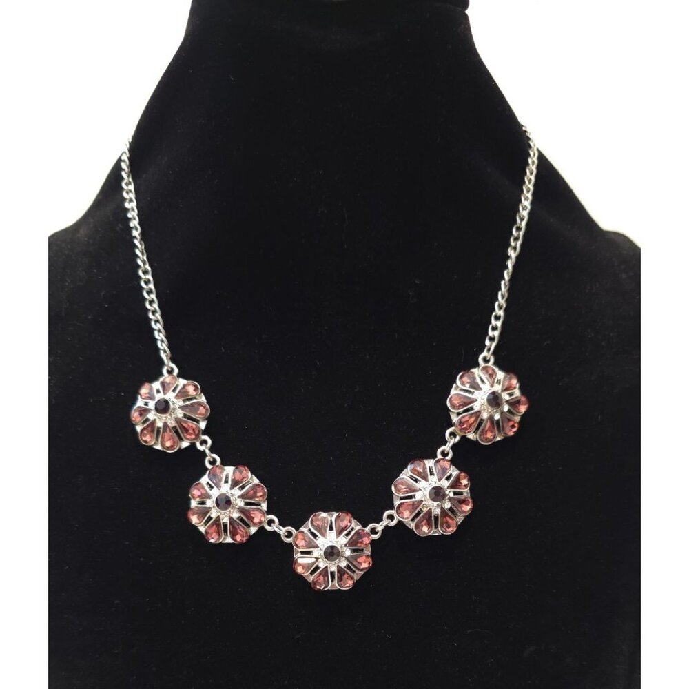 Christopher & Banks Silver-Toned Floral Design Violet-Rose Rhinestone Necklace - Picture 2 of 4